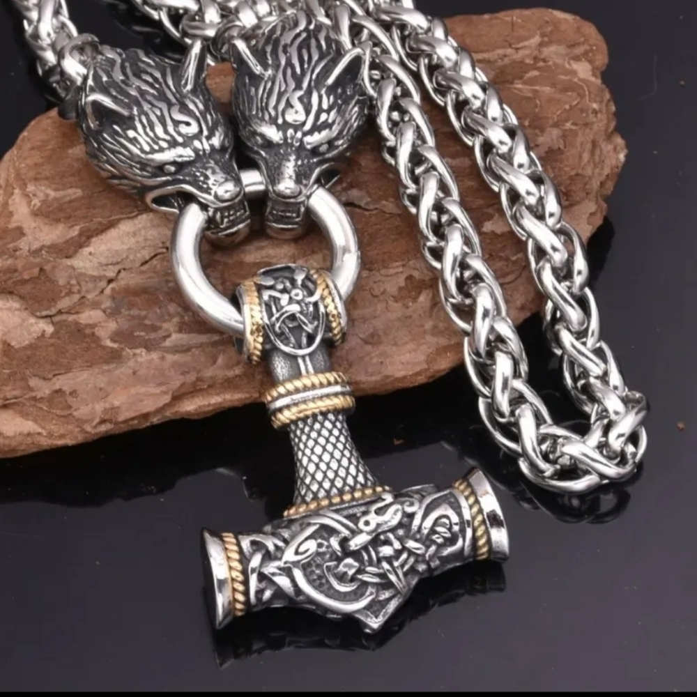 Wolf Head Mjolnir Thor Hammer Pendant Steel Necklace Viking Celtic Norse - Picture 3 of 4
